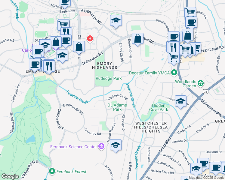 map of restaurants, bars, coffee shops, grocery stores, and more near 1783 Ridgewood Drive Northeast in Atlanta