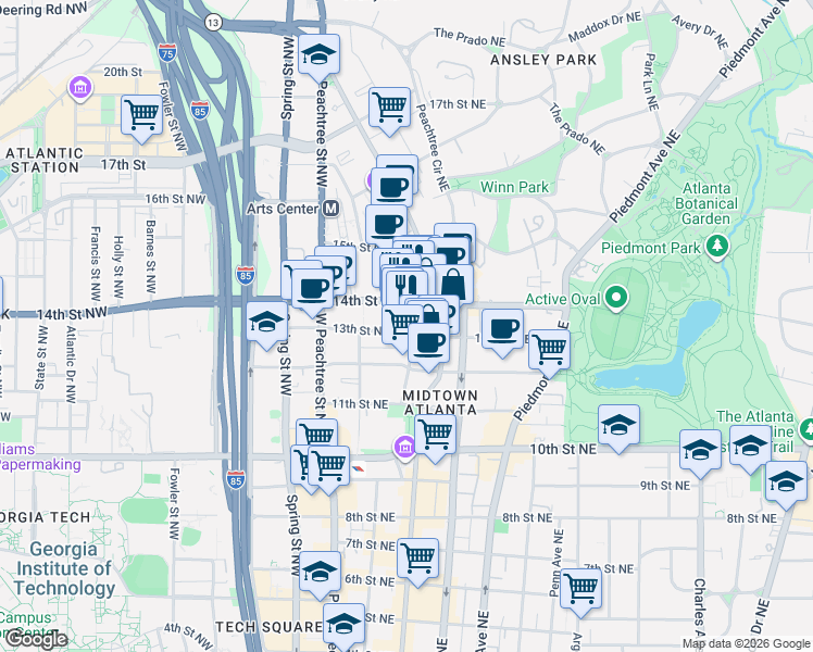 map of restaurants, bars, coffee shops, grocery stores, and more near 1136 Crescent Avenue Northeast in Atlanta