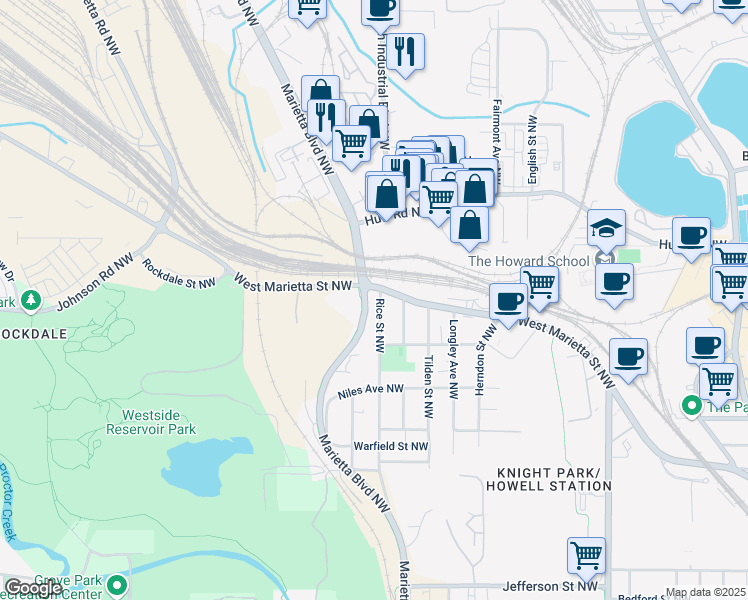 map of restaurants, bars, coffee shops, grocery stores, and more near 1122 Rice Street Northwest in Atlanta
