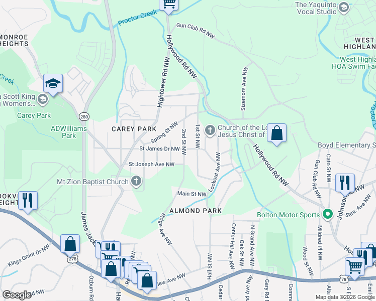 map of restaurants, bars, coffee shops, grocery stores, and more near 1137 2nd Street Northwest in Atlanta