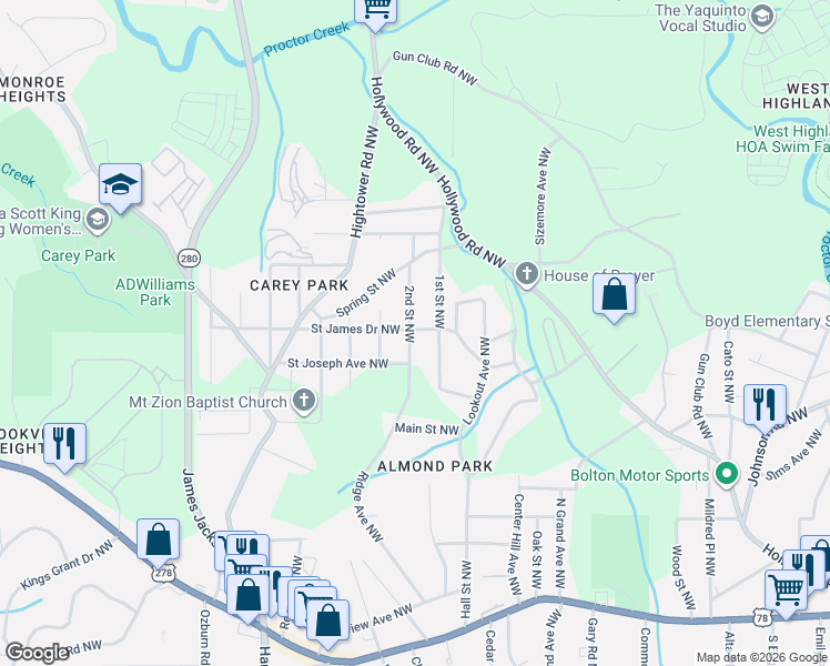 map of restaurants, bars, coffee shops, grocery stores, and more near 1137 2nd Street Northwest in Atlanta