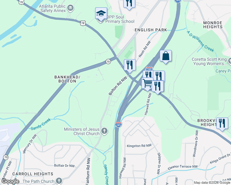 map of restaurants, bars, coffee shops, grocery stores, and more near 1020-1188 Bolton Road Northwest in Atlanta
