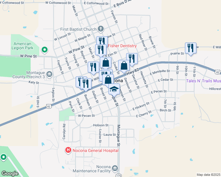 map of restaurants, bars, coffee shops, grocery stores, and more near 180 Montague St in Nocona