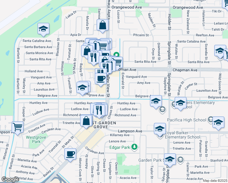map of restaurants, bars, coffee shops, grocery stores, and more near in Garden Grove