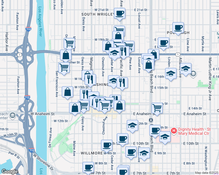 map of restaurants, bars, coffee shops, grocery stores, and more near 1495 Cedar Avenue in Long Beach