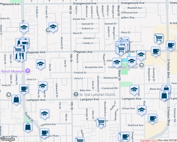 map of restaurants, bars, coffee shops, grocery stores, and more near 11671 Fredrick Drive in Garden Grove