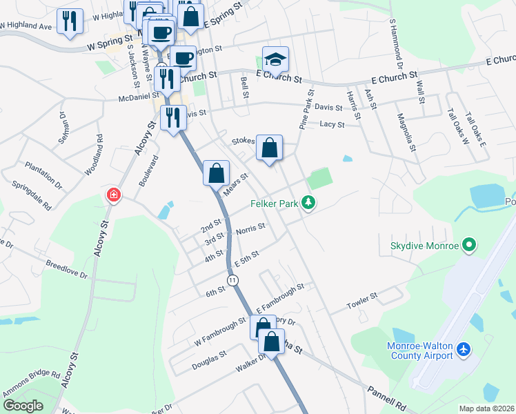 map of restaurants, bars, coffee shops, grocery stores, and more near 119 Mill Street in Monroe
