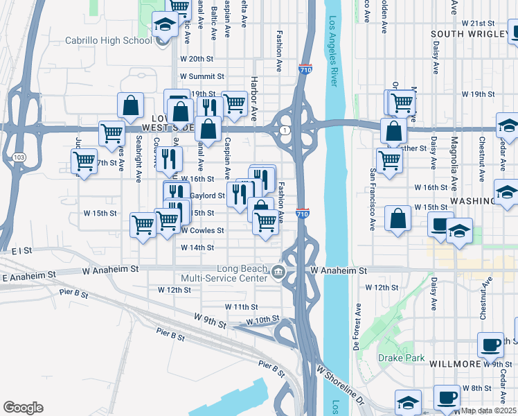 map of restaurants, bars, coffee shops, grocery stores, and more near 1395 West 15th Street in Long Beach
