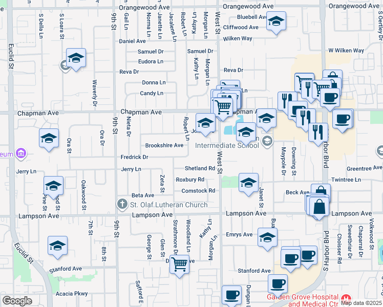 map of restaurants, bars, coffee shops, grocery stores, and more near 12192 Robert Lane in Garden Grove
