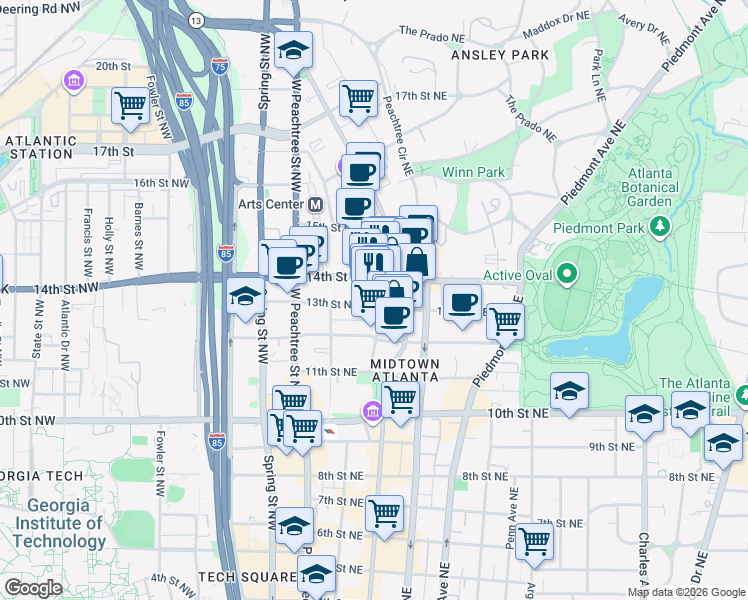 map of restaurants, bars, coffee shops, grocery stores, and more near 1150 Crescent Avenue Northeast in Atlanta