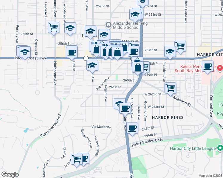 map of restaurants, bars, coffee shops, grocery stores, and more near 1870 261st Street in Lomita