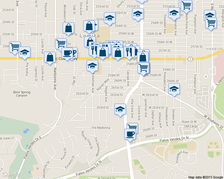 map of restaurants, bars, coffee shops, grocery stores, and more near 1870 261st Street in Lomita