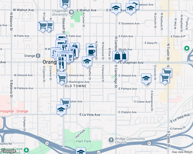 map of restaurants, bars, coffee shops, grocery stores, and more near 560 East Almond Avenue in Orange