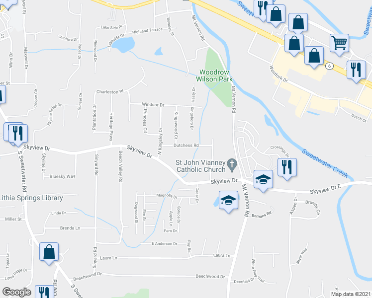 map of restaurants, bars, coffee shops, grocery stores, and more near 2031 Dutchess Road in Lithia Springs
