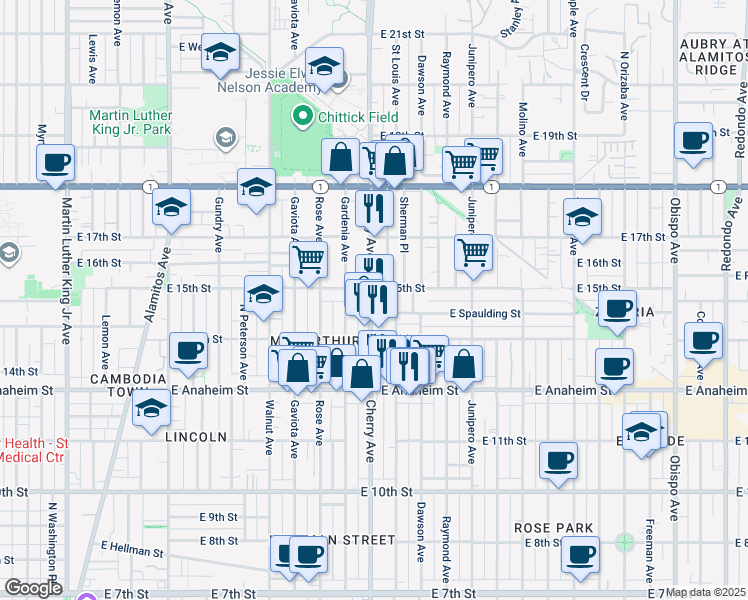 map of restaurants, bars, coffee shops, grocery stores, and more near 2030 East Spaulding Way in Long Beach