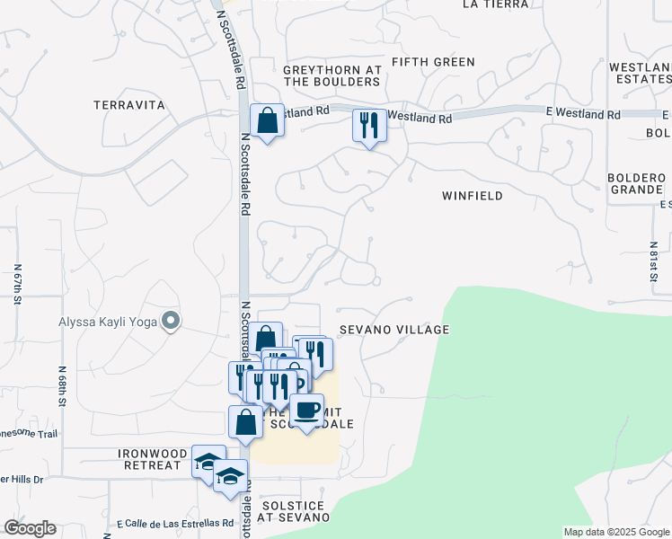 map of restaurants, bars, coffee shops, grocery stores, and more near 7423 East Sunset Sky Circle in Scottsdale