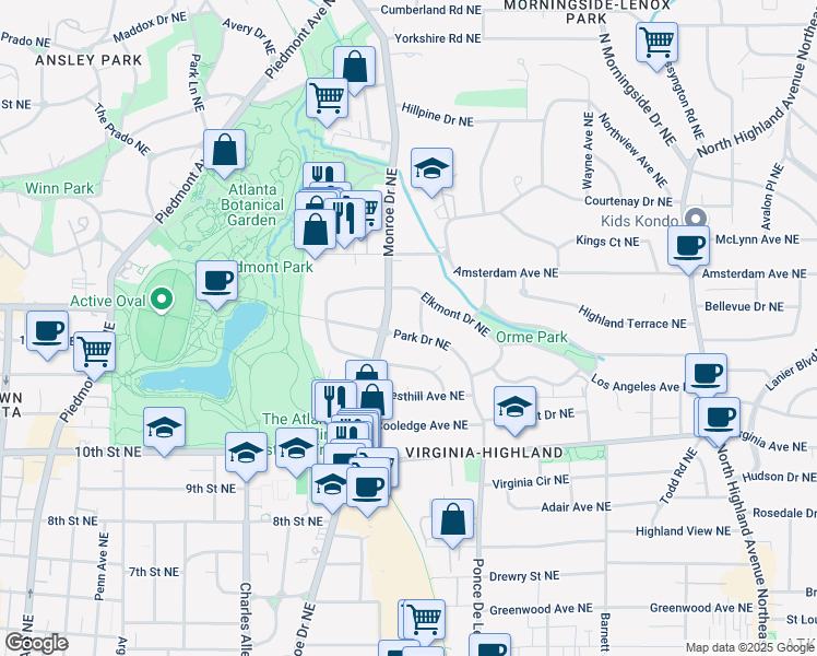 map of restaurants, bars, coffee shops, grocery stores, and more near 620 Park Drive Northeast in Atlanta
