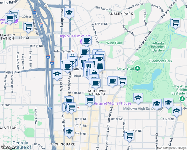 map of restaurants, bars, coffee shops, grocery stores, and more near 1150 Peachtree Street Northeast in Atlanta