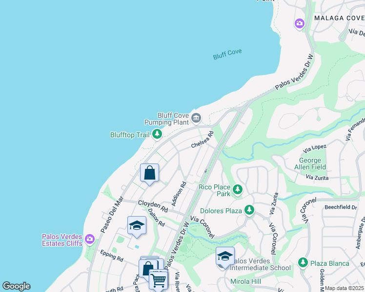 map of restaurants, bars, coffee shops, grocery stores, and more near 1525 Chelsea Road in Palos Verdes Estates