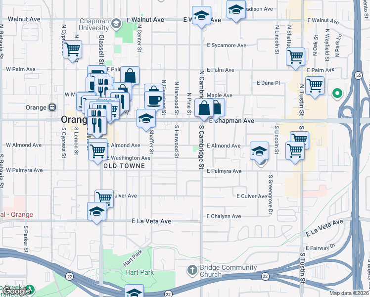 map of restaurants, bars, coffee shops, grocery stores, and more near 730 East Almond Avenue in Orange