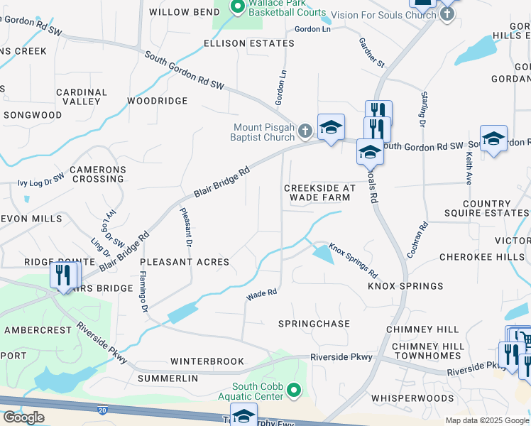 map of restaurants, bars, coffee shops, grocery stores, and more near 6903 Myra Lane in Austell