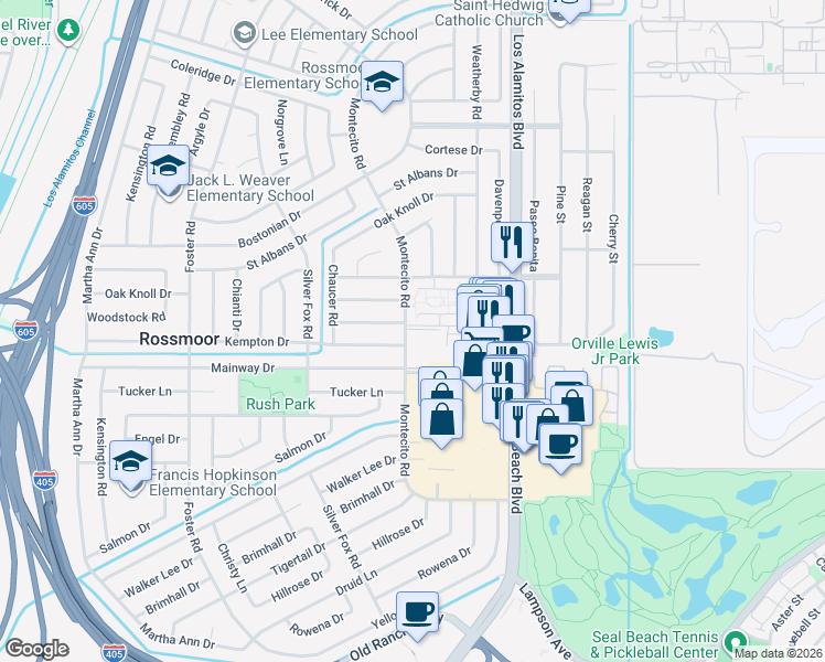 map of restaurants, bars, coffee shops, grocery stores, and more near 12200 Montecito Road in Seal Beach