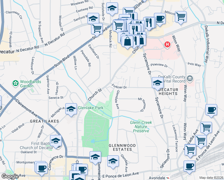 map of restaurants, bars, coffee shops, grocery stores, and more near 624 Glendale Avenue in Decatur