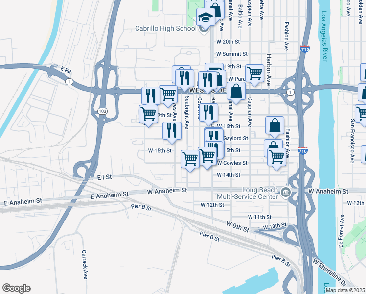 map of restaurants, bars, coffee shops, grocery stores, and more near 1495 Seabright Avenue in Long Beach