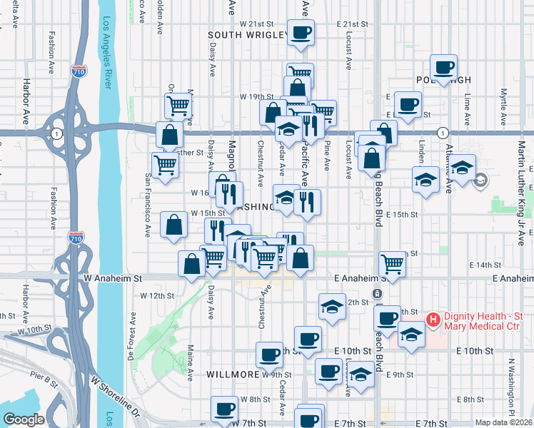 map of restaurants, bars, coffee shops, grocery stores, and more near 1480 Chestnut Avenue in Long Beach