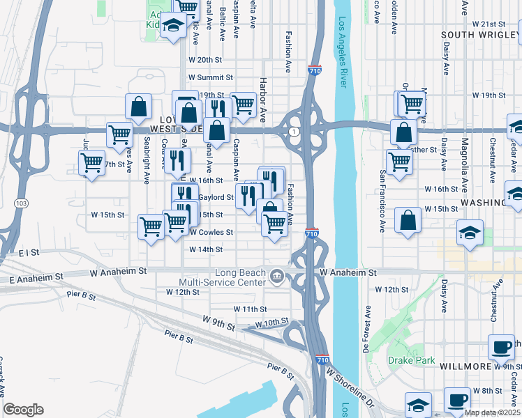 map of restaurants, bars, coffee shops, grocery stores, and more near 1395 West 15th Street in Long Beach