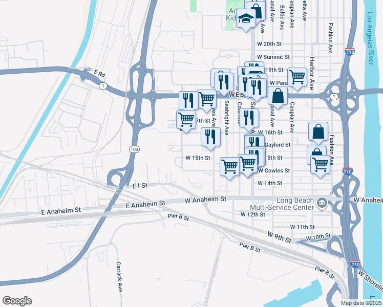 map of restaurants, bars, coffee shops, grocery stores, and more near 2156 West Gaylord Street in Long Beach