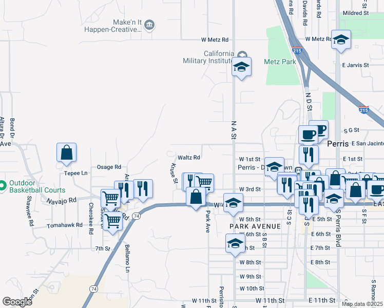 map of restaurants, bars, coffee shops, grocery stores, and more near 560 Waltz Road in Perris
