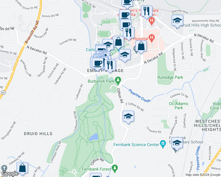 map of restaurants, bars, coffee shops, grocery stores, and more near 1150 Clifton Road in Atlanta