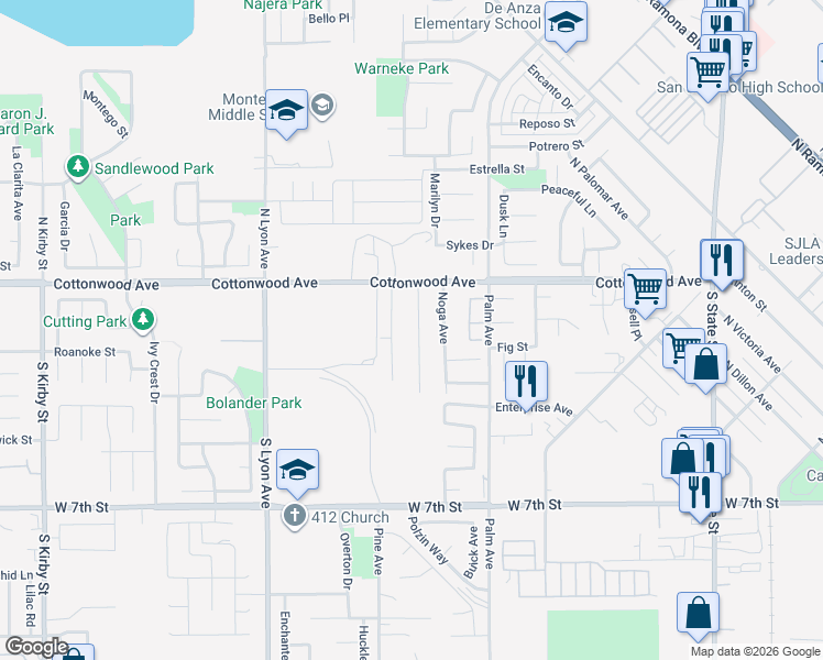 map of restaurants, bars, coffee shops, grocery stores, and more near 222 Lori Ann Street in San Jacinto