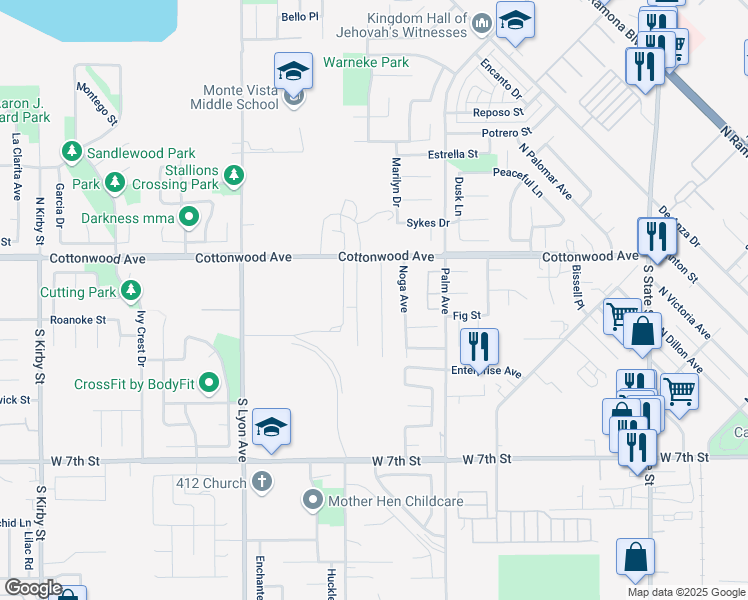 map of restaurants, bars, coffee shops, grocery stores, and more near 222 Lori Ann Street in San Jacinto