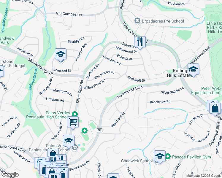 map of restaurants, bars, coffee shops, grocery stores, and more near 30 Silver Spring Drive in Palos Verdes Peninsula