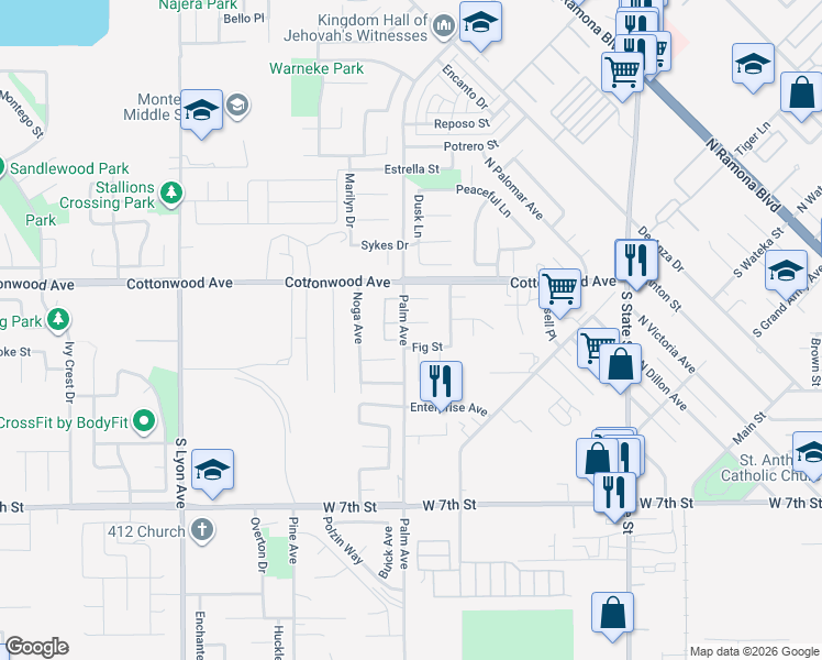 map of restaurants, bars, coffee shops, grocery stores, and more near 1090 Birch Lane in San Jacinto