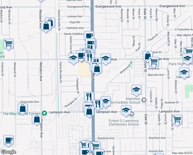 map of restaurants, bars, coffee shops, grocery stores, and more near 12140 Beach Boulevard in Stanton