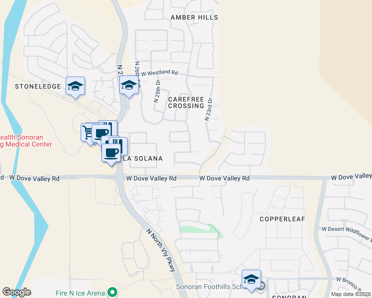 map of restaurants, bars, coffee shops, grocery stores, and more near 2405 West Red Range Way in Phoenix