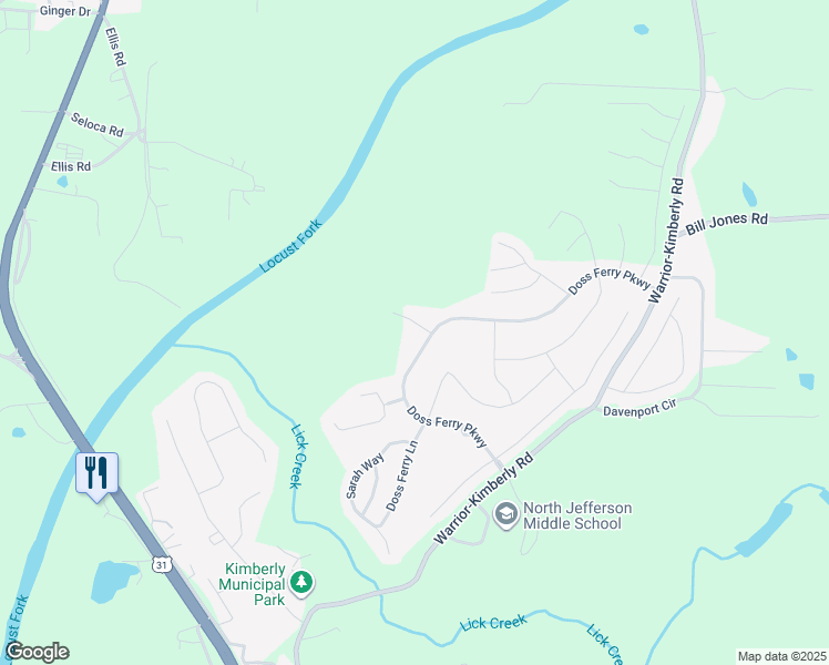 map of restaurants, bars, coffee shops, grocery stores, and more near 531 Doss Ferry Parkway in Kimberly