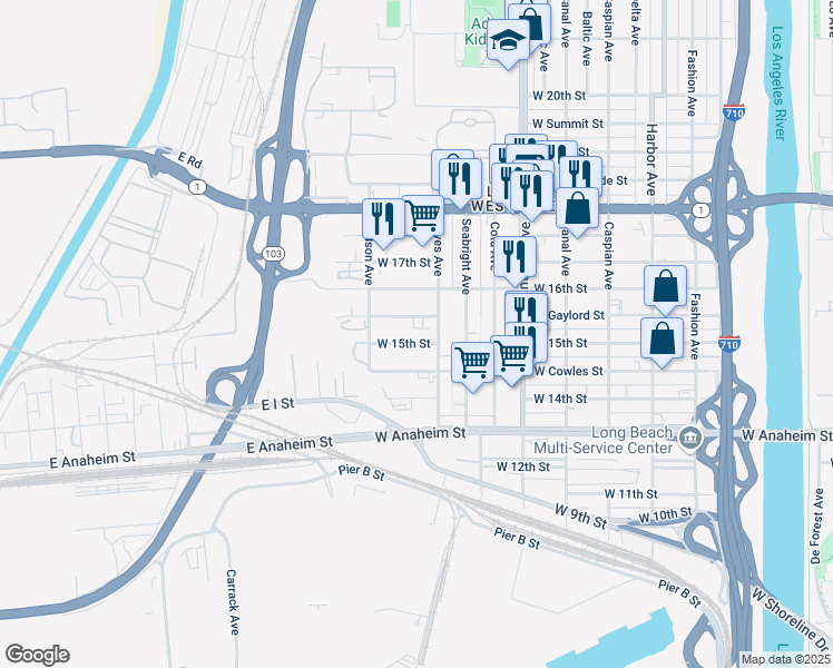 map of restaurants, bars, coffee shops, grocery stores, and more near 2035 West 15th Street in Long Beach