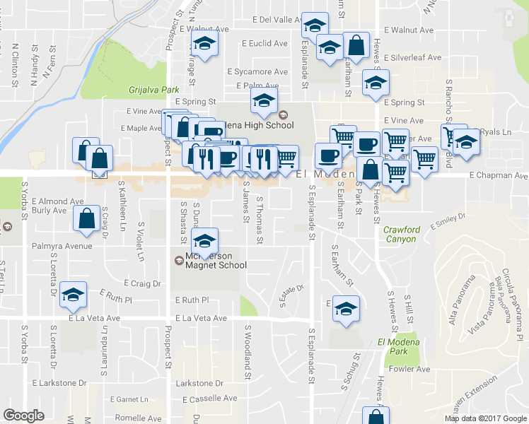 map of restaurants, bars, coffee shops, grocery stores, and more near 203 South Thomas Street in Orange