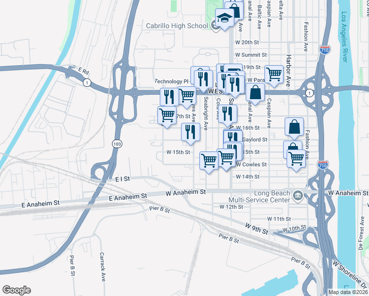 map of restaurants, bars, coffee shops, grocery stores, and more near 2035 West 15th Street in Long Beach