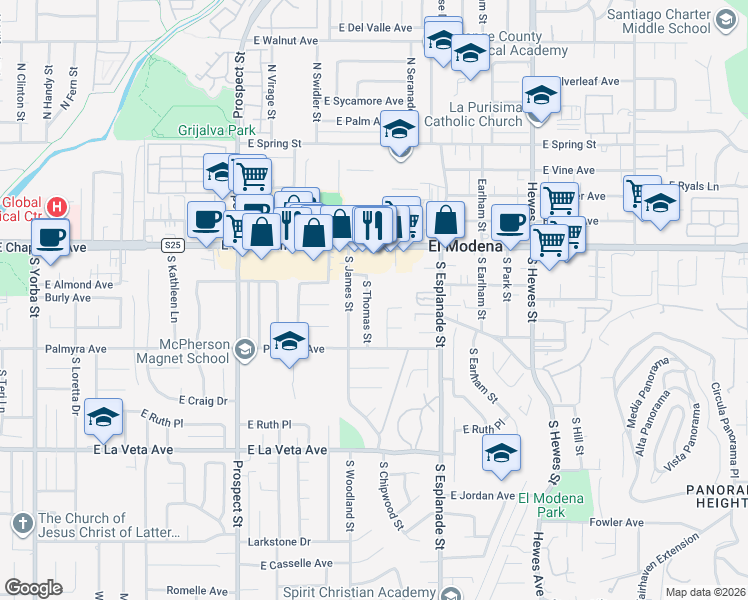 map of restaurants, bars, coffee shops, grocery stores, and more near 203 South Thomas Street in Orange