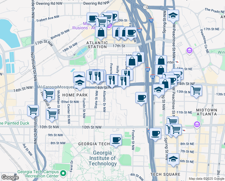 map of restaurants, bars, coffee shops, grocery stores, and more near 288 14th Street Northwest in Atlanta