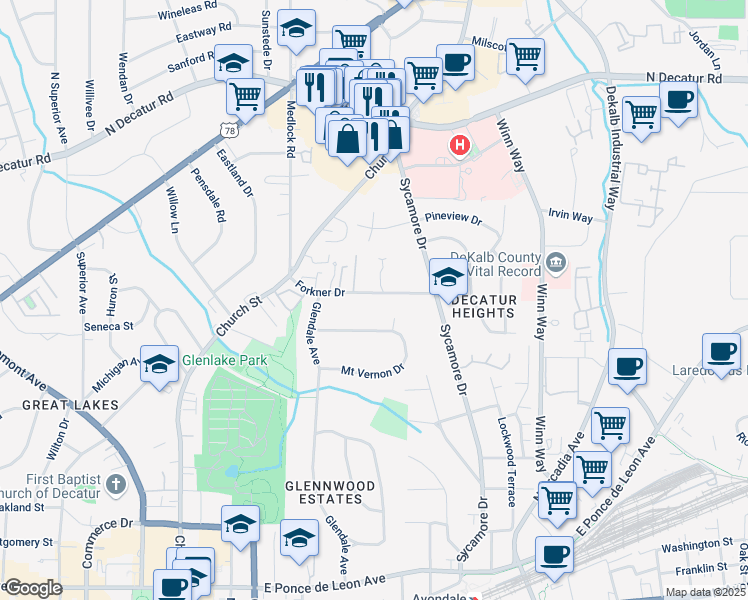 map of restaurants, bars, coffee shops, grocery stores, and more near 243 Forkner Drive in Decatur