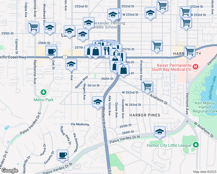 map of restaurants, bars, coffee shops, grocery stores, and more near 1750 261st Street in Lomita