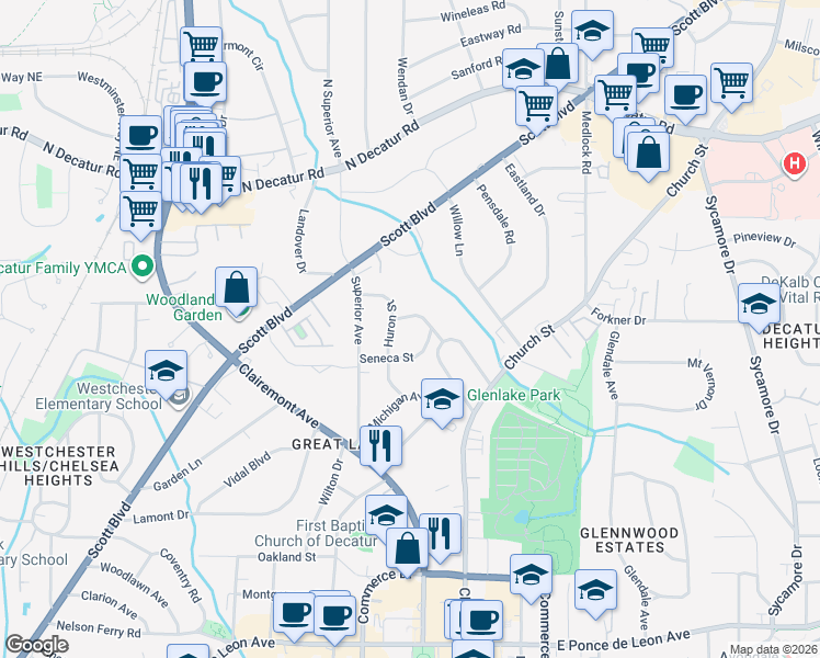 map of restaurants, bars, coffee shops, grocery stores, and more near 115 Champlain Street in Decatur