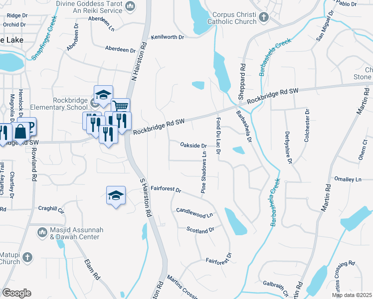 map of restaurants, bars, coffee shops, grocery stores, and more near 4865 Oakside Drive in Stone Mountain