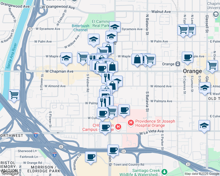 map of restaurants, bars, coffee shops, grocery stores, and more near 207 South Main Street in Orange
